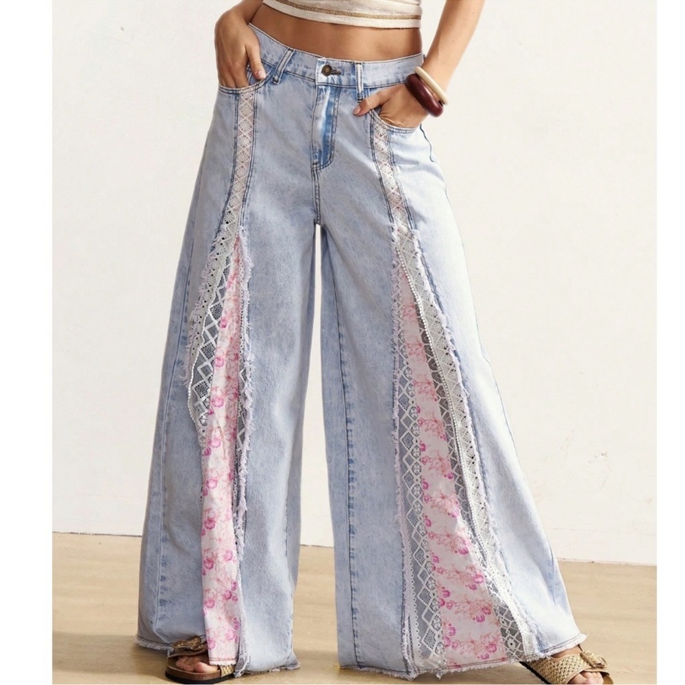 Bohemian Light Wash Floral Print Lace Panel Wide Leg Denim Jeans S M L - Picture 5 of 5